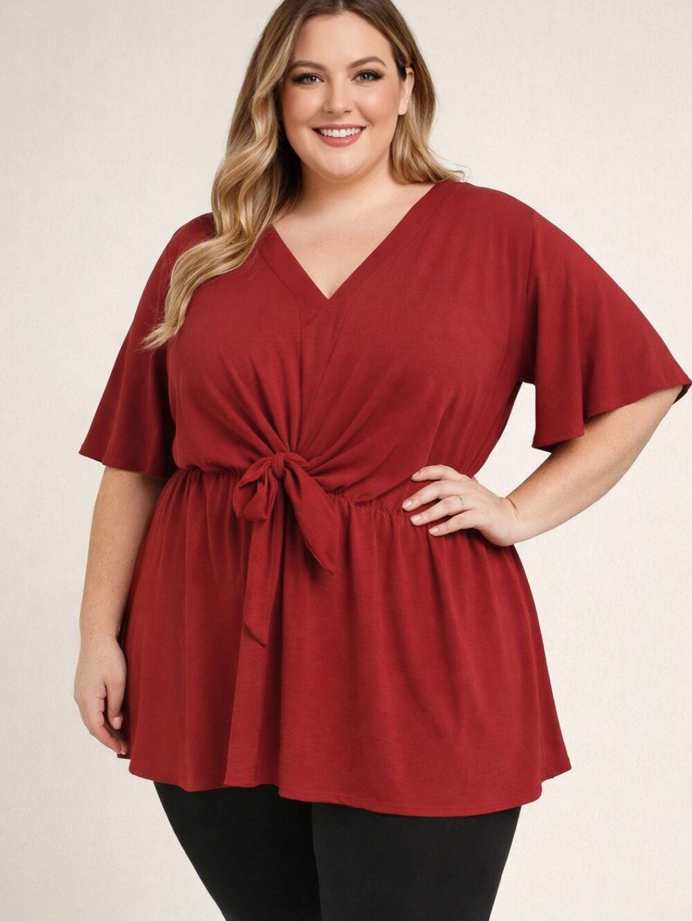 Plus Size 2XL Burgundy Peplum Top – V‑Neck Tie Waist